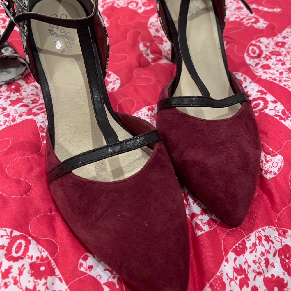 Cabernet (Deep Red) Python Accented T-Strap Pumps - image 1
